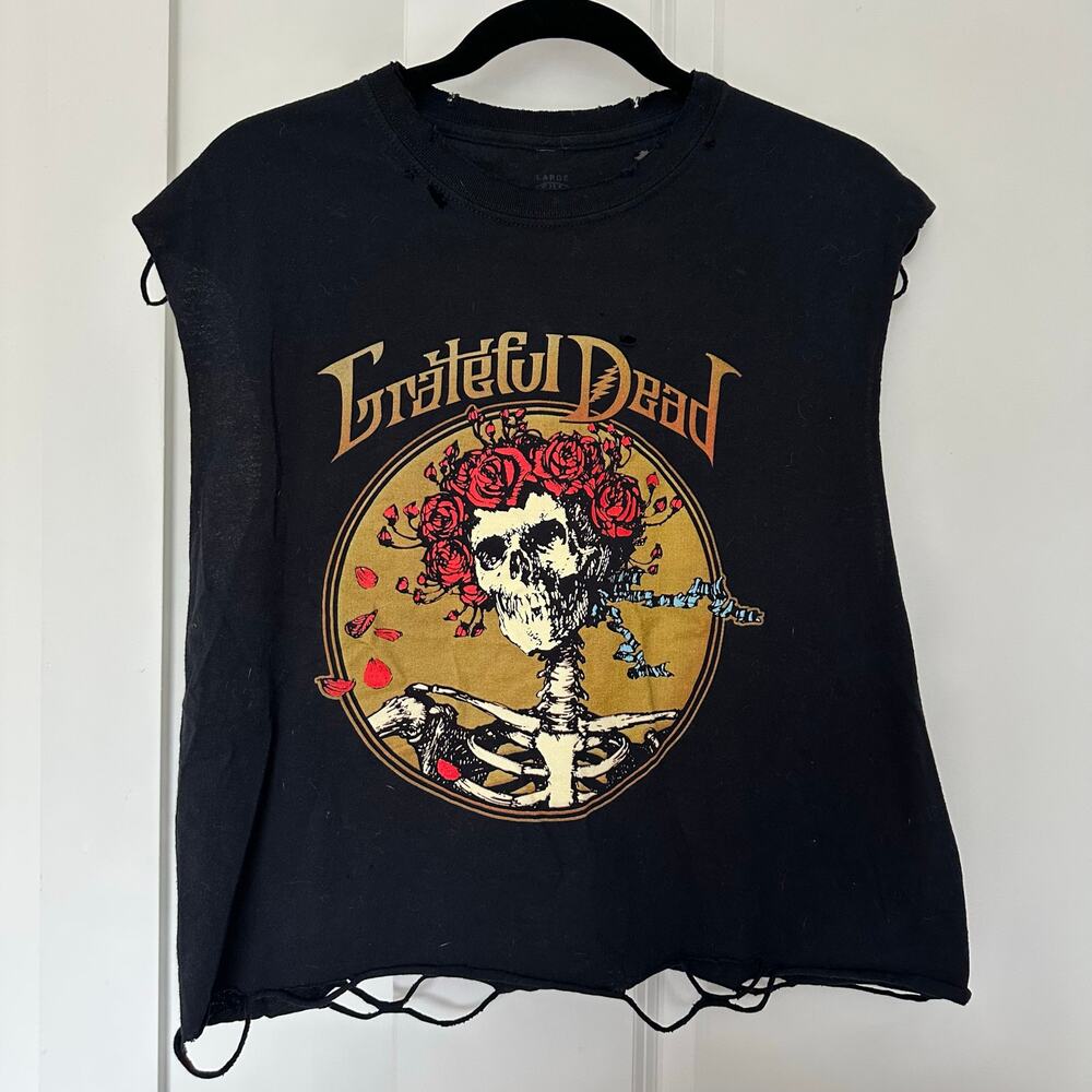 Grateful Dead (L) Black Graphic Cut Off T-Shirt Thrashed Distressed Rocker Tee